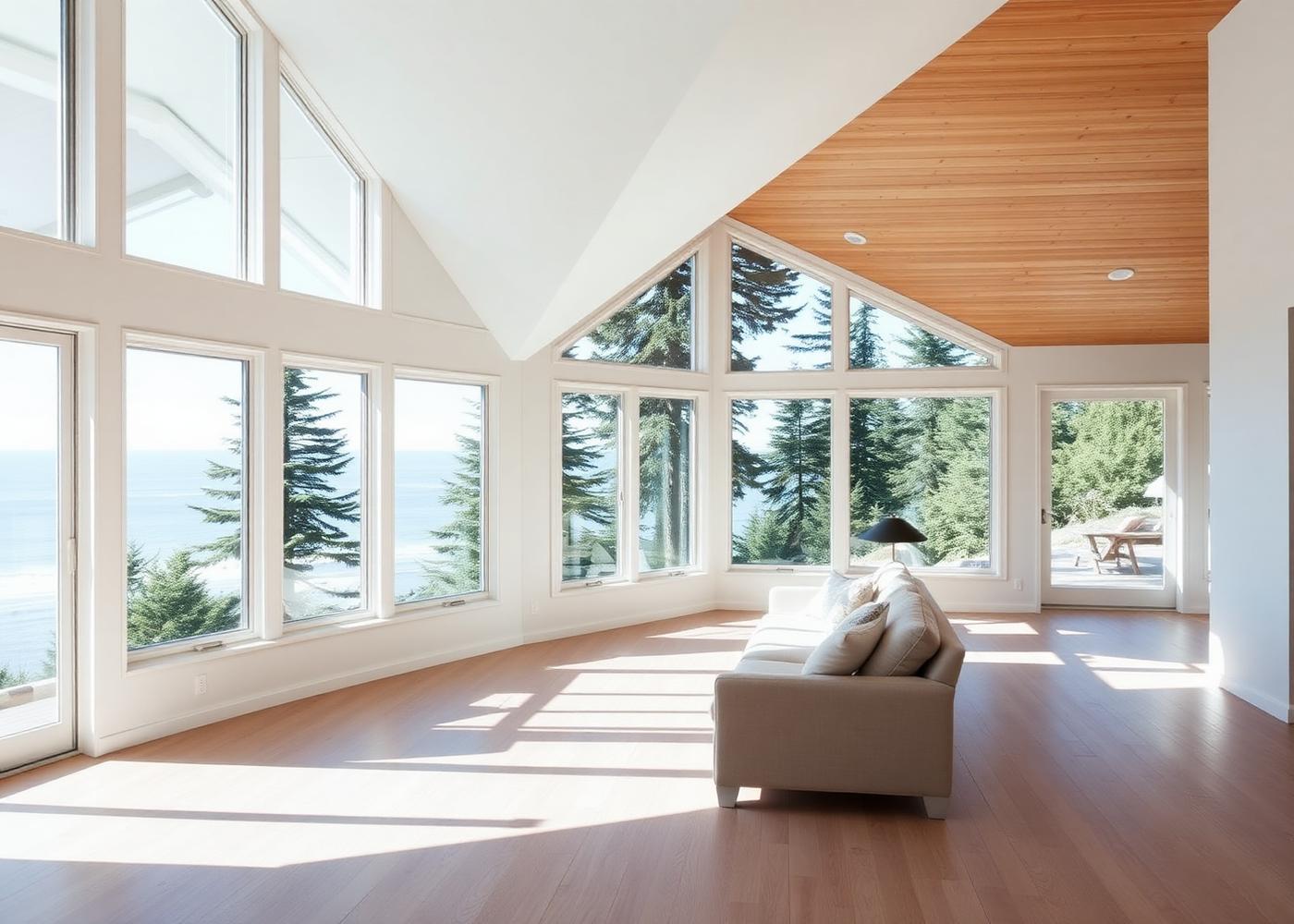 Bright coastal living room with ocean and forest views